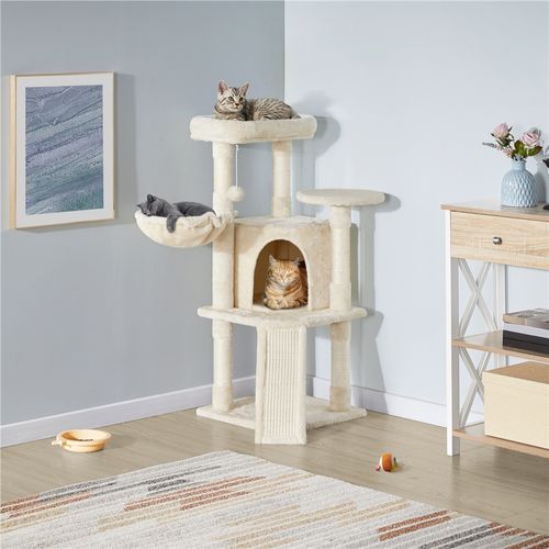 Arbre à Chat Multiniveau Avec Niche Perchoir Panier Poteaux En Sisal Griffoir Boule, Beige