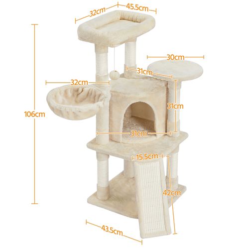 Arbre à Chat Multiniveau Avec Niche Perchoir Panier Poteaux En Sisal Griffoir Boule, Beige