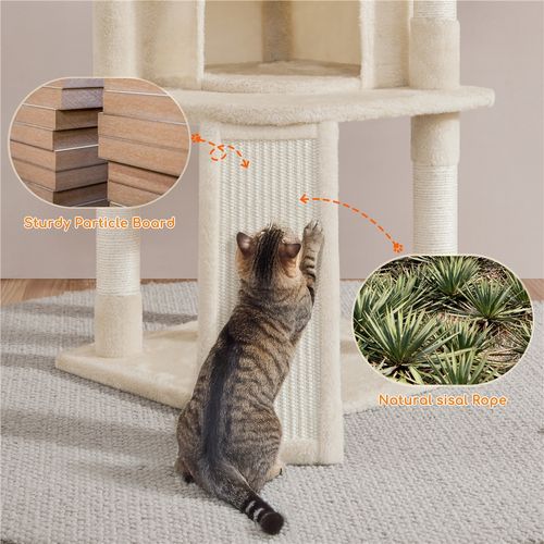 Arbre à Chat Multiniveau Avec Niche Perchoir Panier Poteaux En Sisal Griffoir Boule, Beige