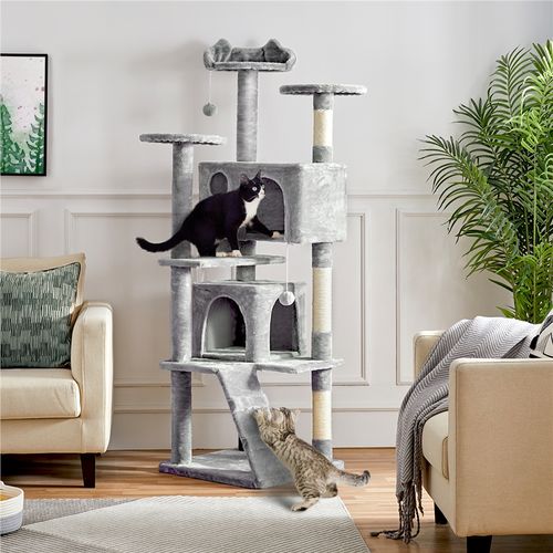 Grand Arbre à Chat Multiniveau Avec Poteaux En Sisal Cachettes Perchoirs Griffoir, Gris Clair
