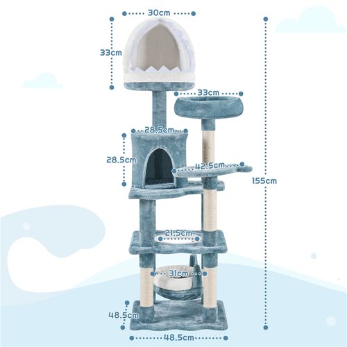 Arbre à Chat Avec Niche Effet Requin Avec Hamac Cachette Perchoir Poteau En Sisal, Bleu/blanc