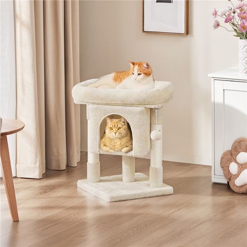 Petit Arbre à Chat 2 Niveaux Avec Cachette Perchoir Niche Poteaux Griffoir Pompon, Beige