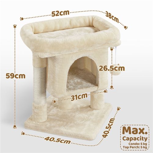 Petit Arbre à Chat 2 Niveaux Avec Cachette Perchoir Niche Poteaux Griffoir Pompon, Beige