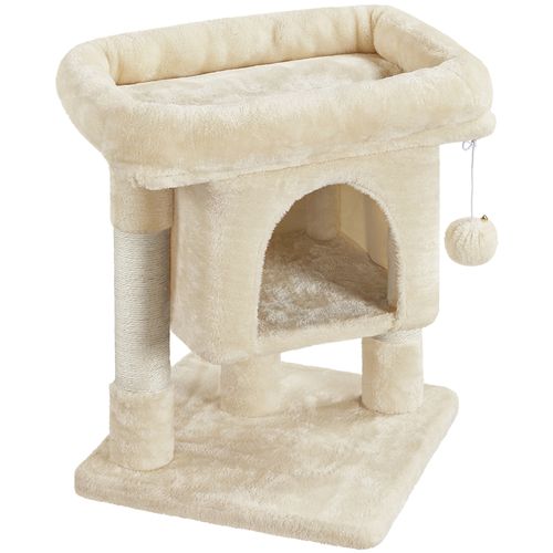 Petit Arbre à Chat 2 Niveaux Avec Cachette Perchoir Niche Poteaux Griffoir Pompon, Beige