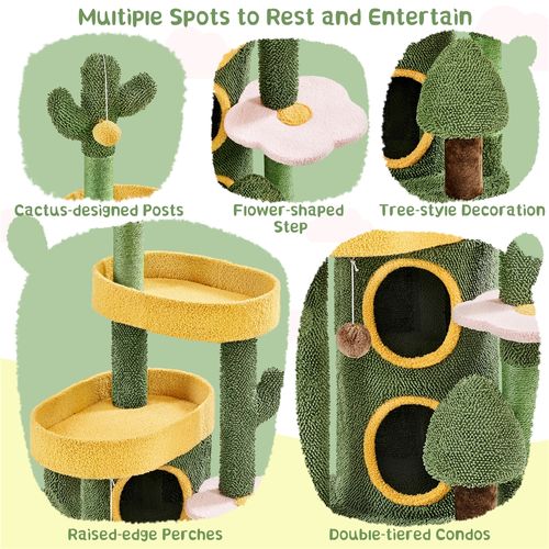 Arbre à Chat Multiniveau En Tissu Moppy Avec Cachette à 2 Niveaux 3 Perchoirs, Vert/jaune