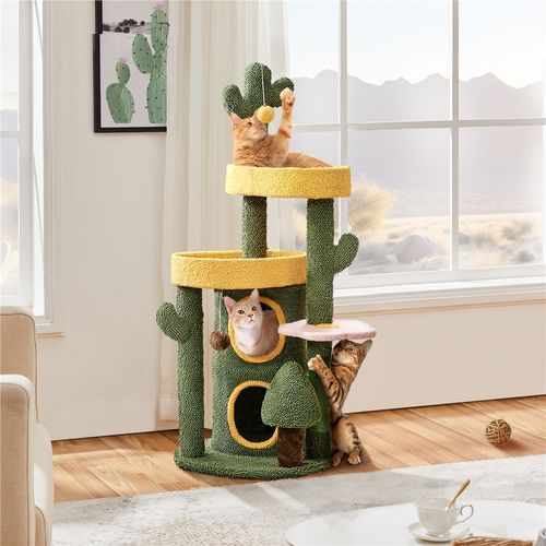Arbre à Chat Multiniveau En Tissu Moppy Avec Cachette à 2 Niveaux 3 Perchoirs, Vert/jaune