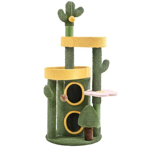 Arbre à Chat Multiniveau En Tissu Moppy Avec Cachette à 2 Niveaux 3 Perchoirs, Vert/jaune