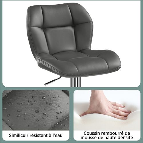 Lot De 2 Tabourets Chaises De Bar Design Capitonné En Similicuir Assise Réglable En Hauteur, Gris