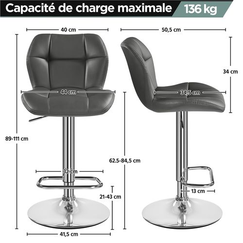 Lot De 2 Tabourets Chaises De Bar Design Capitonné En Similicuir Assise Réglable En Hauteur, Gris