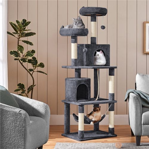 Arbre à Chat Multiniveau Tour Pour Chat Avec Hamac Jouets 2 Perchoirs 2 Cachettes, Gris Foncé