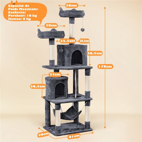 Arbre à Chat Multiniveau Tour Pour Chat Avec Hamac Jouets 2 Perchoirs 2 Cachettes, Gris Foncé