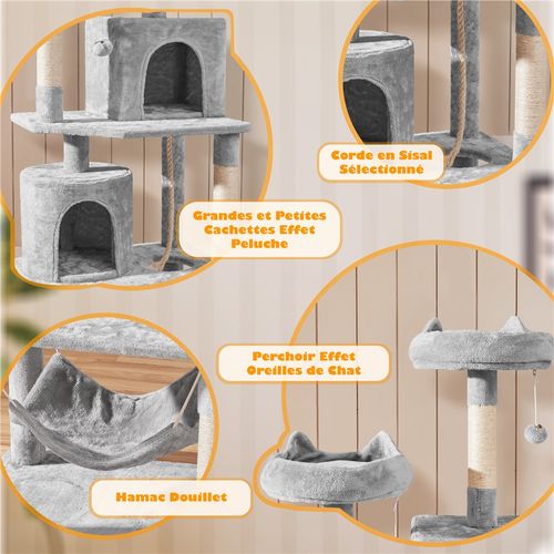 Arbre à Chat Multiniveau Griffoir Pour Chat Avec 2 Perchoirs 2 Grottes Lit Hamac, Gris Clair