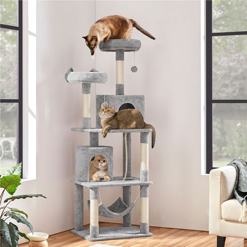 Arbre à Chat Multiniveau Griffoir Pour Chat Avec 2 Perchoirs 2 Grottes Lit Hamac, Gris Clair