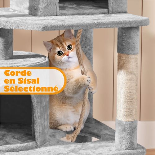 Arbre à Chat Multiniveau Griffoir Pour Chat Avec 2 Perchoirs 2 Grottes Lit Hamac, Gris Clair