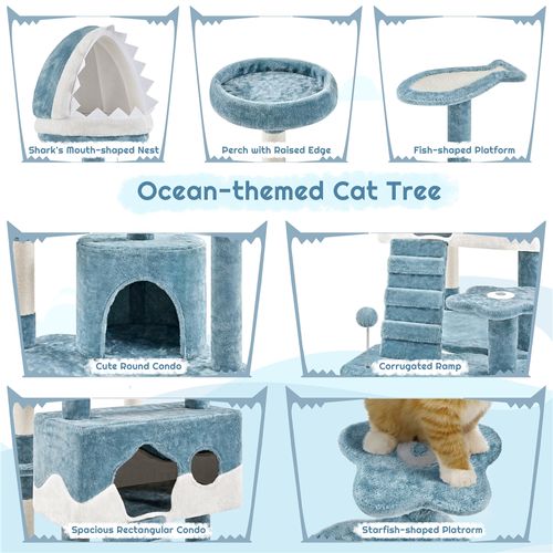 Grand Arbre à Chat Design Océan En Peluche Avec Niche Cachettes Perchoirs Rampe, Bleu / Blanc