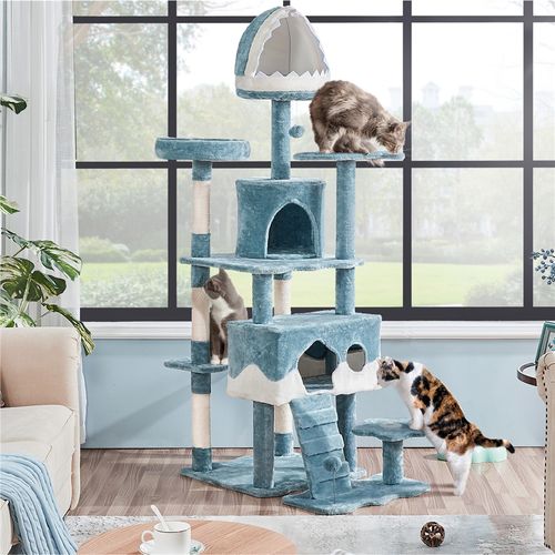 Grand Arbre à Chat Design Océan En Peluche Avec Niche Cachettes Perchoirs Rampe, Bleu / Blanc