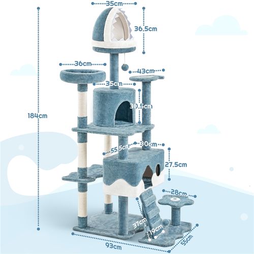 Grand Arbre à Chat Design Océan En Peluche Avec Niche Cachettes Perchoirs Rampe, Bleu / Blanc
