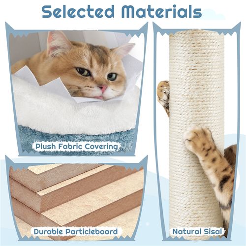 Grand Arbre à Chat Design Océan En Peluche Avec Niche Cachettes Perchoirs Rampe, Bleu / Blanc