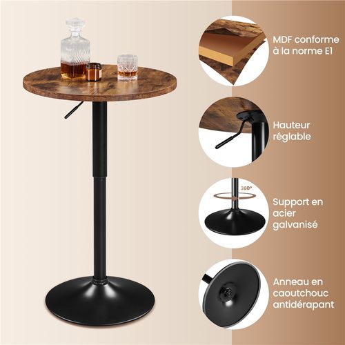 Table De Bar Ronde Haute Avec Plateau En Bois Mdf Réglable En Hauteur, Marron Rustique