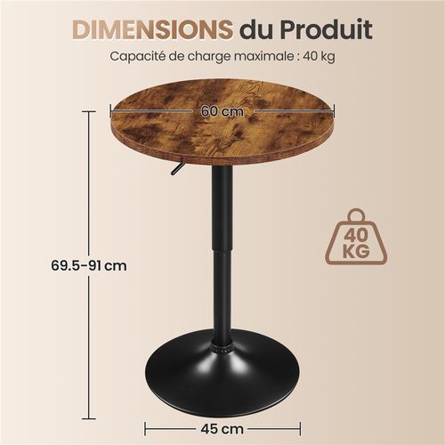 Table De Bar Ronde Haute Avec Plateau En Bois Mdf Réglable En Hauteur, Marron Rustique