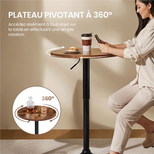 Table De Bar Ronde Haute Avec Plateau En Bois Mdf Réglable En Hauteur, Marron Rustique