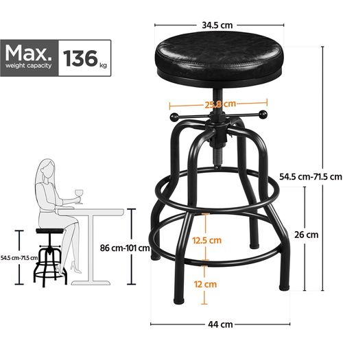Tabouret De Bar Industriel En Similicuir Réglable En Hauteur Avec Deux Repose-pieds, Noir