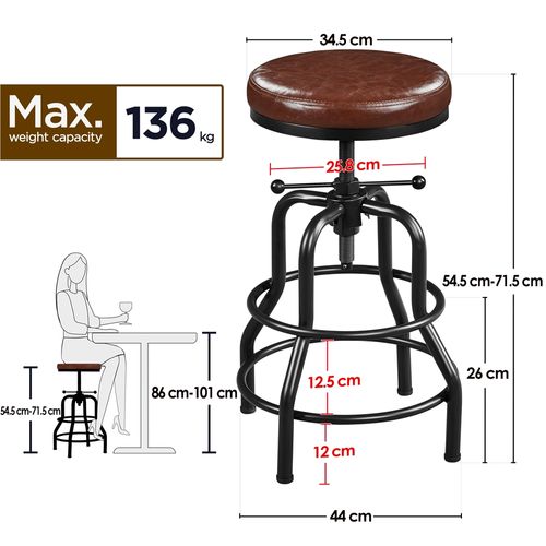 Tabouret De Bar Industriel En Similicuir Réglable En Hauteur Avec Deux Repose-pieds, Marron