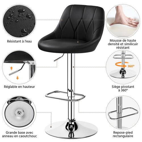 Lot De 2 Chaises De Bar En Similicuir Avec Assise Réglable En Hauteur Et Repose-pied, Noir