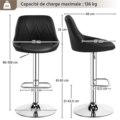 Lot De 2 Chaises De Bar En Similicuir Avec Assise Réglable En Hauteur Et Repose-pied, Noir