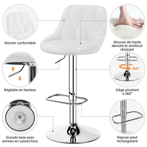 Lot De 2 Chaises De Bar En Similicuir Avec Assise Réglable En Hauteur Et Repose-pied, Blanc