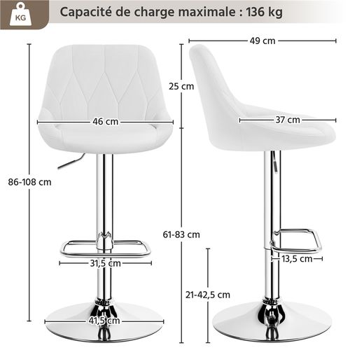 Lot De 2 Chaises De Bar En Similicuir Avec Assise Réglable En Hauteur Et Repose-pied, Blanc