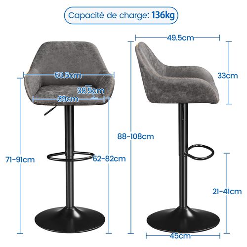 Lot De 2 Tabourets De Bar Vintage En Similicuir Pu Avec Dossier Et Repose-pied, Gris