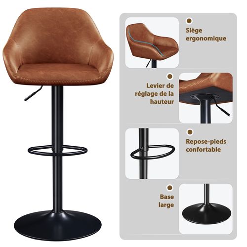 Lot De 2 Tabourets De Bar Vintage En Similicuir Pu Avec Dossier Et Repose-pied, Brun Rustique