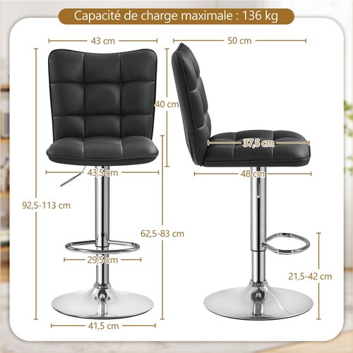 Lot De 2 Chaises De Bar Modernes Tabourets De Bar En Similicuir Réglables En Hauteur, Noir