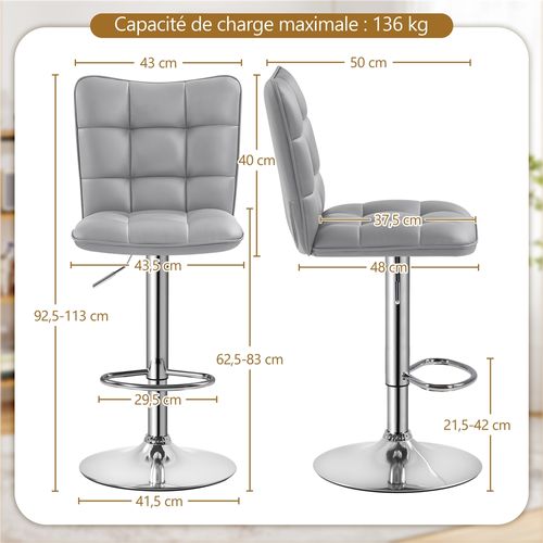 Lot De 2 Tabourets De Bar ROCA Chaise Haute Droite Pour Cuisine Comptoir Reglable En Hauteur Et Pivotante En Synthetique Noir