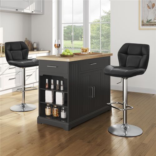 Lot De 2 Chaises De Bar Design Capitonné En Similicuir Avec Assise Réglable En Hauteur, Noir