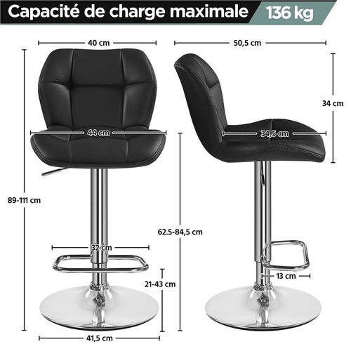 Lot De 2 Chaises De Bar Design Capitonné En Similicuir Avec Assise Réglable En Hauteur, Noir