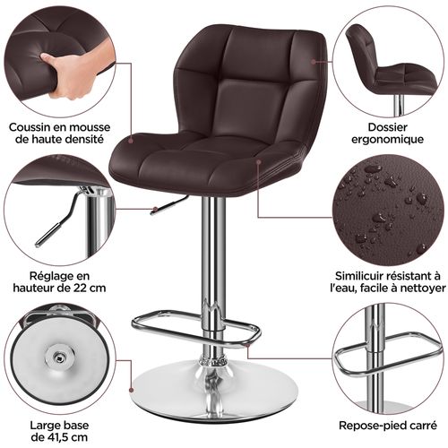 Lot De 2 Chaises De Bar Design Capitonné En Similicuir Avec Assise Réglable En Hauteur, Brun
