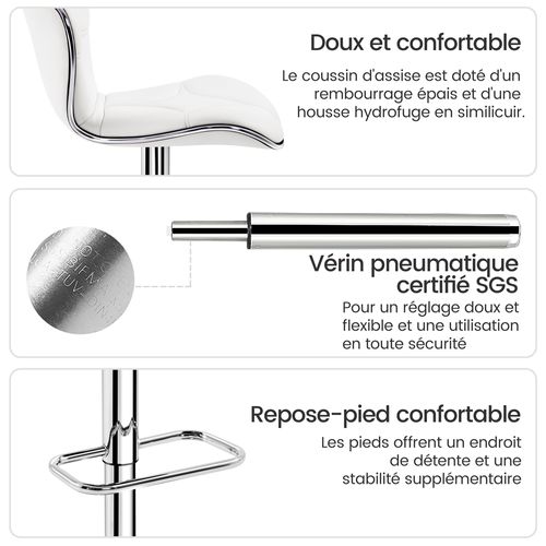Lot De 2 Tabourets De Bar Design Coque En Similicuir Et En Métal Réglables En Hauteur, Blanc