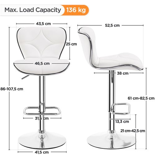Lot De 2 Tabourets De Bar Design Coque En Similicuir Et En Métal Réglables En Hauteur, Blanc