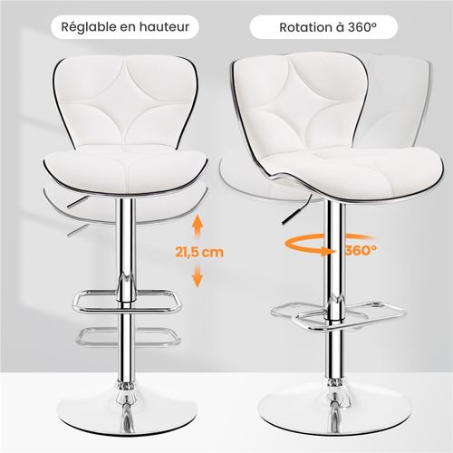 Lot De 2 Tabourets De Bar Design Coque En Similicuir Et En Métal Réglables En Hauteur, Blanc