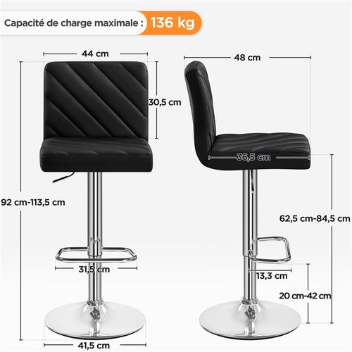 Lot De 2 Chaises De Bar En Similicuir Avec Dossier Et Sièges Pivotants Réglables En Hauteur, Noir