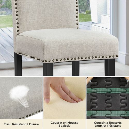 Lot De 2 Chaises De Cuisine En Tissu Avec Haut Dossier Et Pieds En Bois, Beige