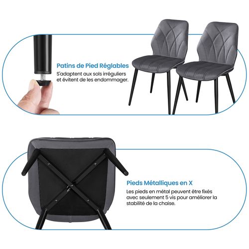 Lot De 2 Chaises De Cuisine Avec Dossier en Velours Design Pétales Et Pieds En Métal, Gris Foncé
