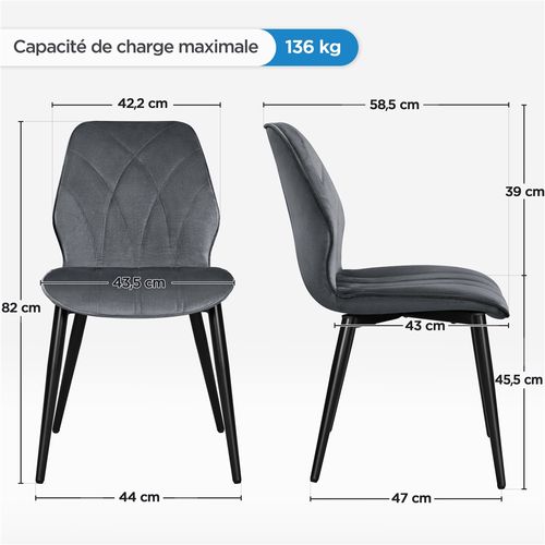 Lot De 2 Chaises De Cuisine Avec Dossier en Velours Design Pétales Et Pieds En Métal, Gris Foncé