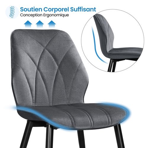 Lot De 2 Chaises De Cuisine Avec Dossier en Velours Design Pétales Et Pieds En Métal, Gris Foncé