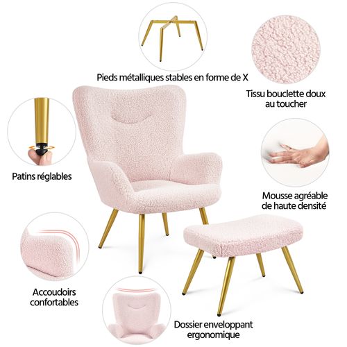 Fauteuil Avec Repose-pieds En Tissu Bouclé Avec Haut Dossier Enveloppant, Rose