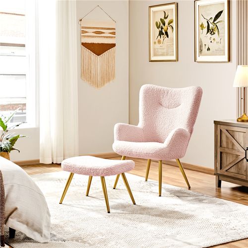 Fauteuil Avec Repose-pieds En Tissu Bouclé Avec Haut Dossier Enveloppant, Rose