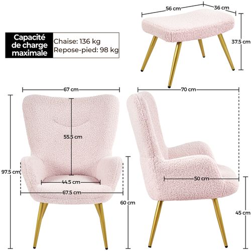 Fauteuil Avec Repose-pieds En Tissu Bouclé Avec Haut Dossier Enveloppant, Rose