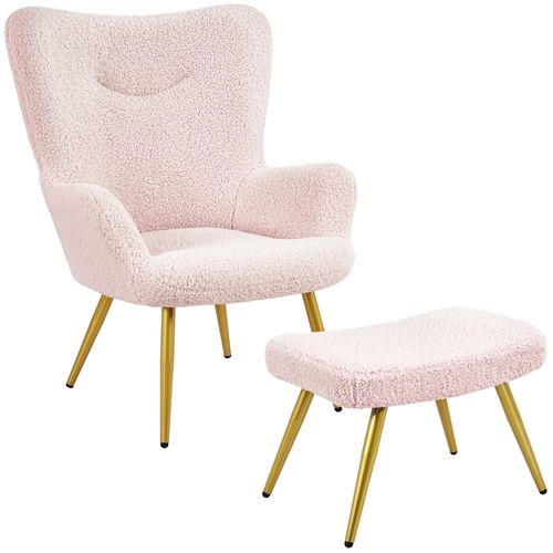 Fauteuil Avec Repose-pieds En Tissu Bouclé Avec Haut Dossier Enveloppant, Rose
